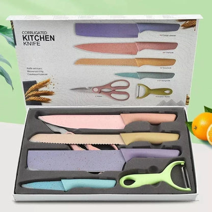 Conjunto Kit Facas Profissional Colorido em Aço Inoxidável com 6 Peças para Churrasco e Cozinha Kitchen Tesoura Facas