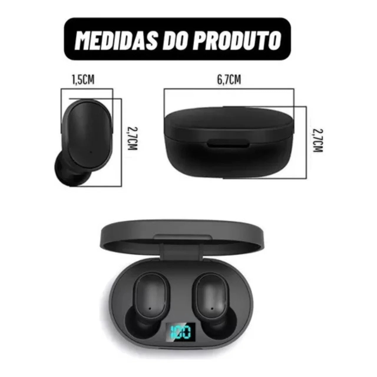 Fones de Ouvido Bluetooth Dual LED 5.0 Airdots Air Sem Fio - Preto