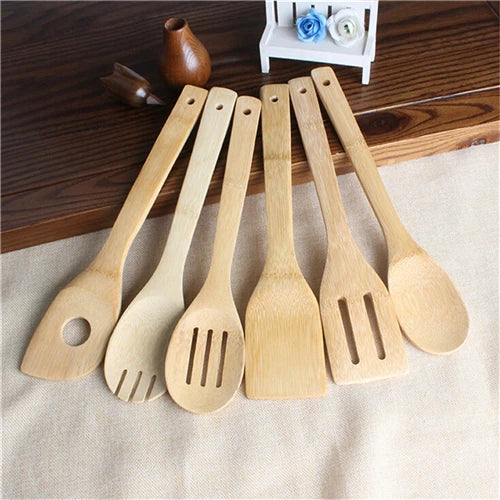 Conjunto de 6 Peças de Colheres e Espátulas de Bambu - Utensílios de Cozinha de Madeira, Ferramentas para Cozinhar e Misturar