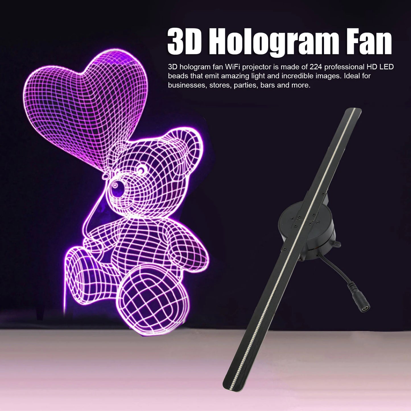 Ventilador Holográfico 3D de 16,5 pol - Projetor 3D Wi-Fi com 224 LEDs, 100-240V