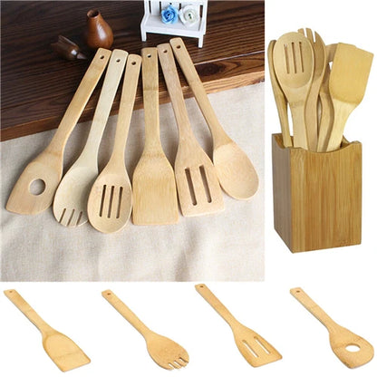 Conjunto de 6 Peças de Colheres e Espátulas de Bambu - Utensílios de Cozinha de Madeira, Ferramentas para Cozinhar e Misturar