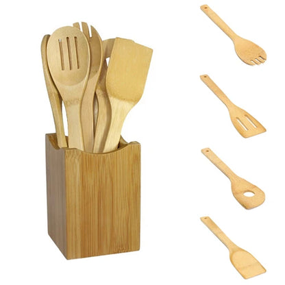 Conjunto de 6 Peças de Colheres e Espátulas de Bambu - Utensílios de Cozinha de Madeira, Ferramentas para Cozinhar e Misturar