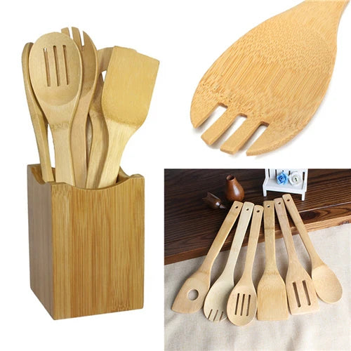 Conjunto de 6 Peças de Colheres e Espátulas de Bambu - Utensílios de Cozinha de Madeira, Ferramentas para Cozinhar e Misturar